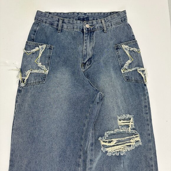 Romwe Baggy Distressed Raw Hem Star Detail Women's size L 8 10 Blue Denim jeans - Picture 2 of 5